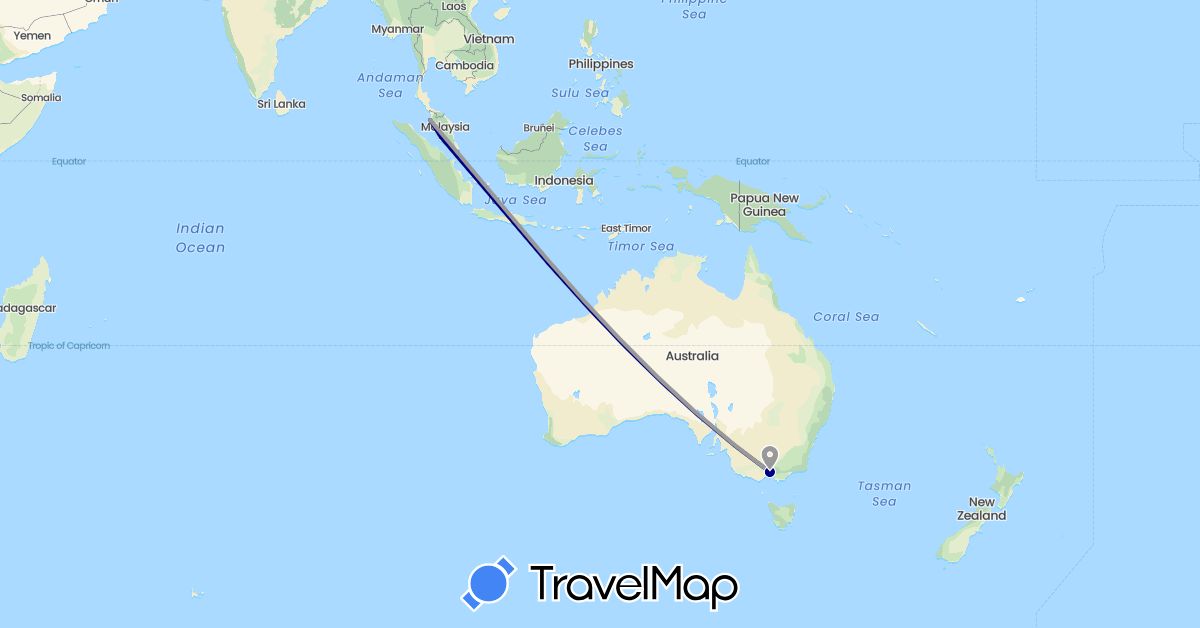 TravelMap itinerary: driving, plane in Australia, Malaysia (Asia, Oceania)